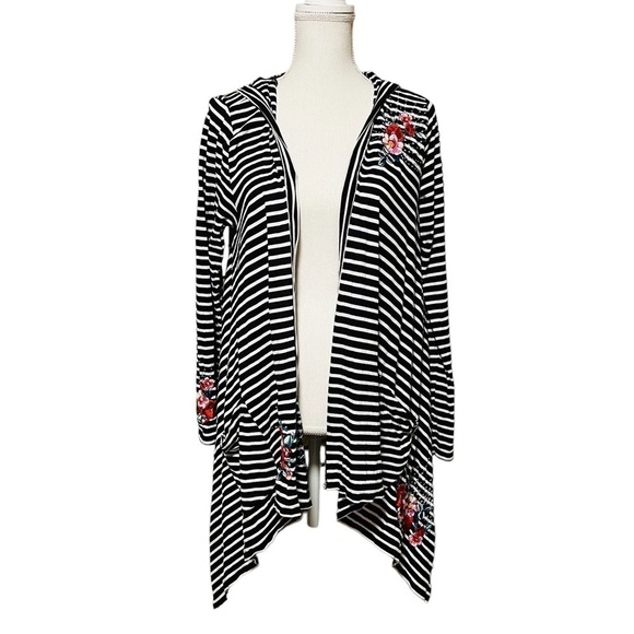 JOHNNY WAS BLACK AND WHITE HOODED OPEN CARDIGAN SIZE MEDIUM - Picture 1 of 11